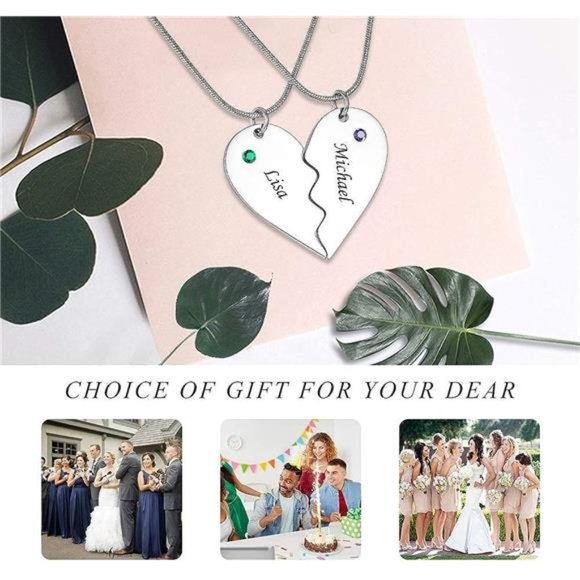 Stainless Steel Personalized Key Heart Puzzle Necklace Set with Birthstones - Picture 5 of 7